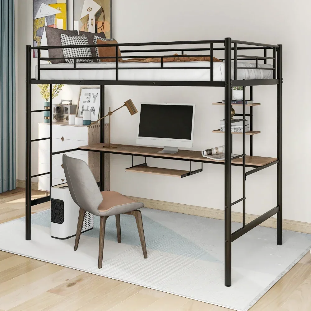 Children Beds Loft Beds with Desk and Shelf , Space Saving Design,Twin Children Furniture Kids Beds Bed for Boys Metal Bed Frame