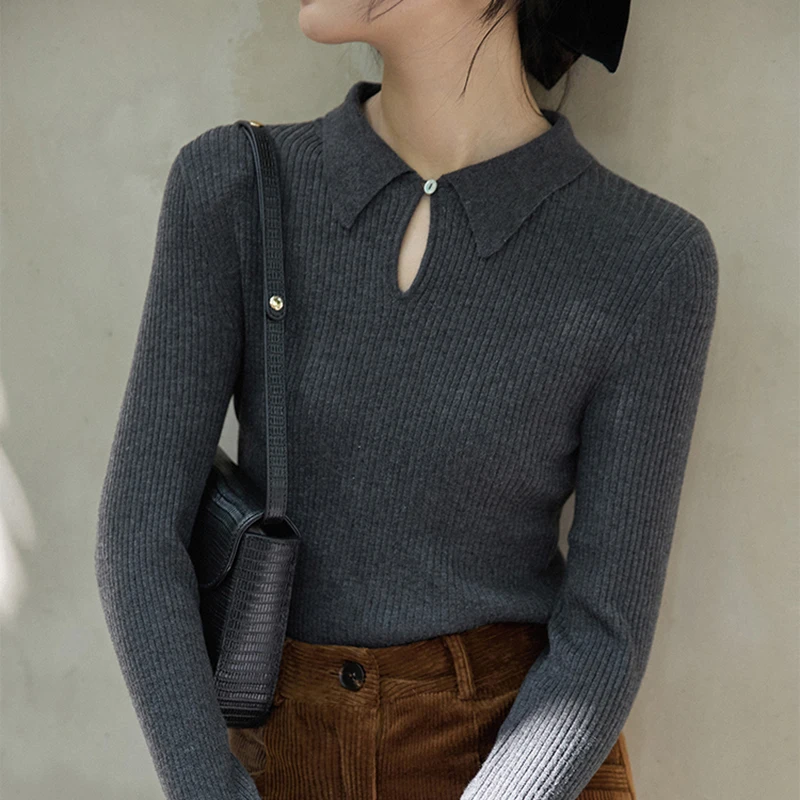 

shintimes Knitted Women Button Pullovers Sweater Autumn Winter Women Long Sleeve Sweaters Slim Fit Black Basic Tops Pull Femme