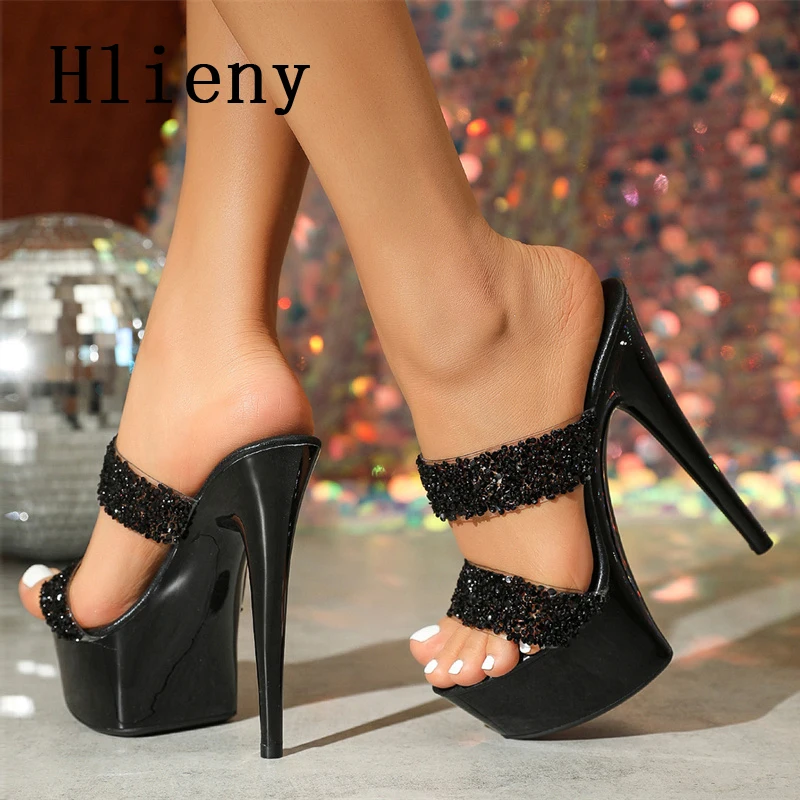 

Hlieny Szie 34-43 Summer Open Toe Women Slippers Sexy Sequin Platform Stiletto High Heels Wedding Banquet Nightclub Shoes