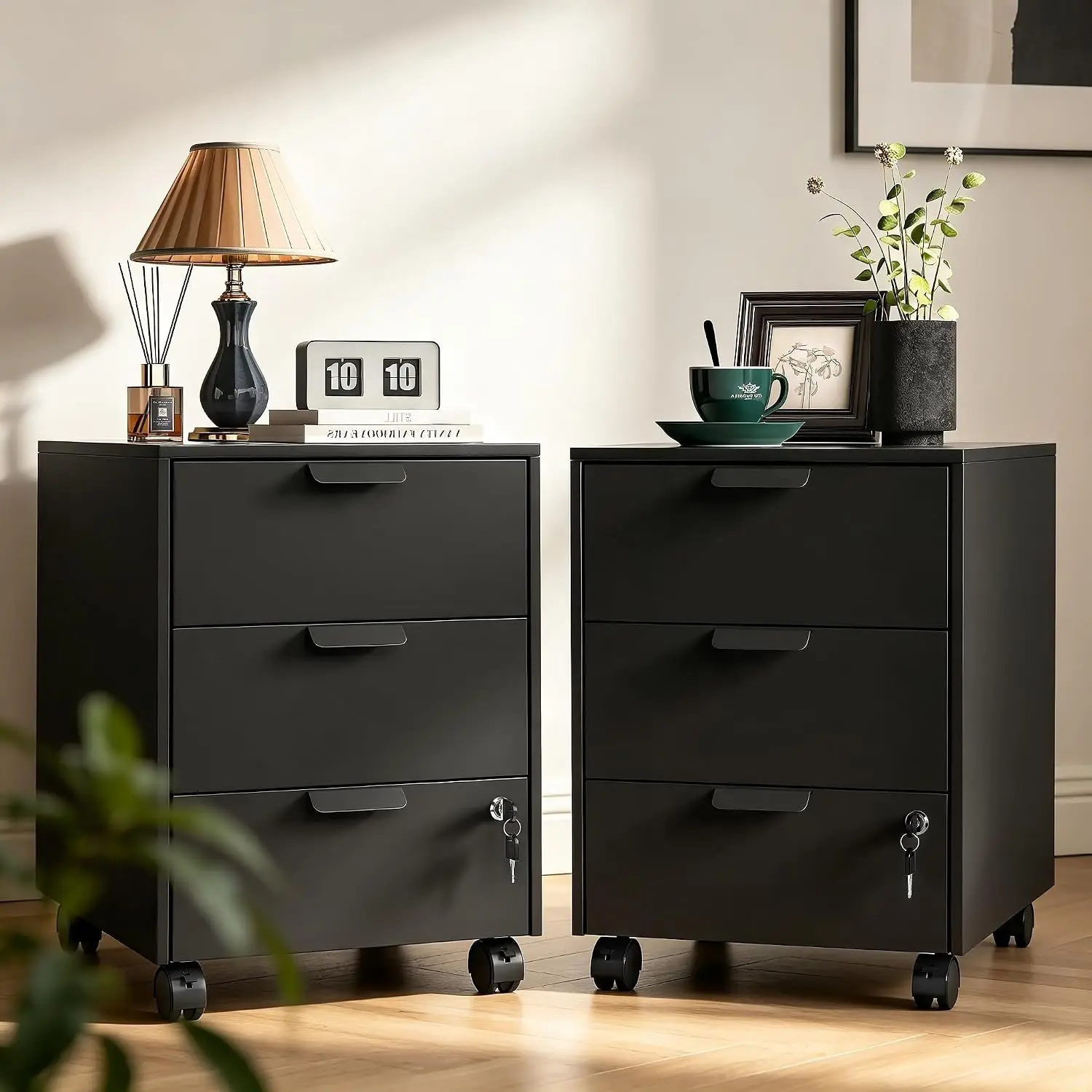 Metal Nightstand Set of 2 with Locking Drawer & Wheels, Customized