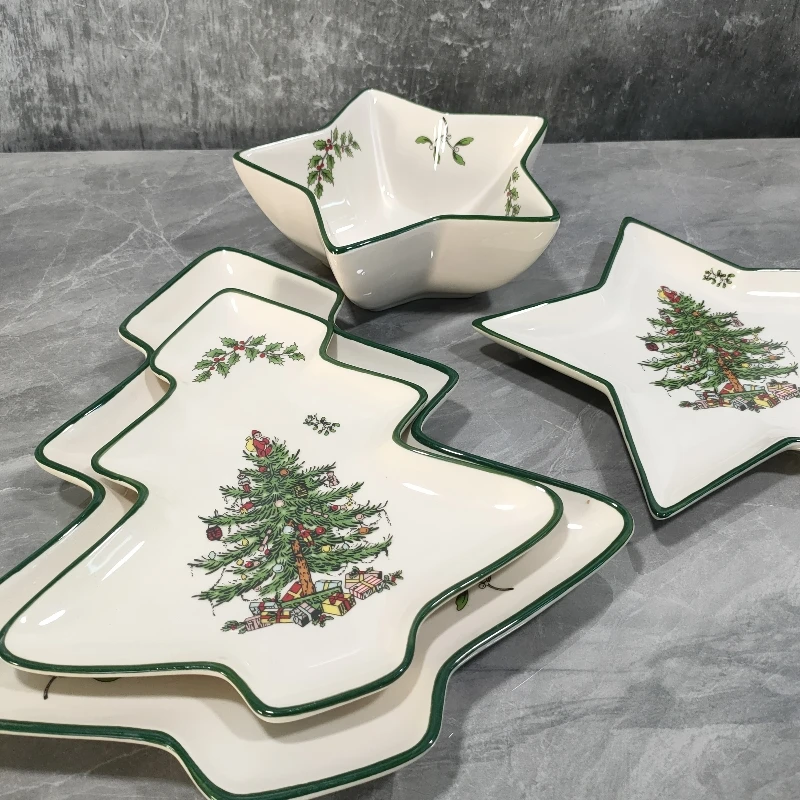 

Export Christmas Tree Plates Star Bowls Christmas Atmosphere Ceramic Tableware Salad Bowls Dim Sum Plates