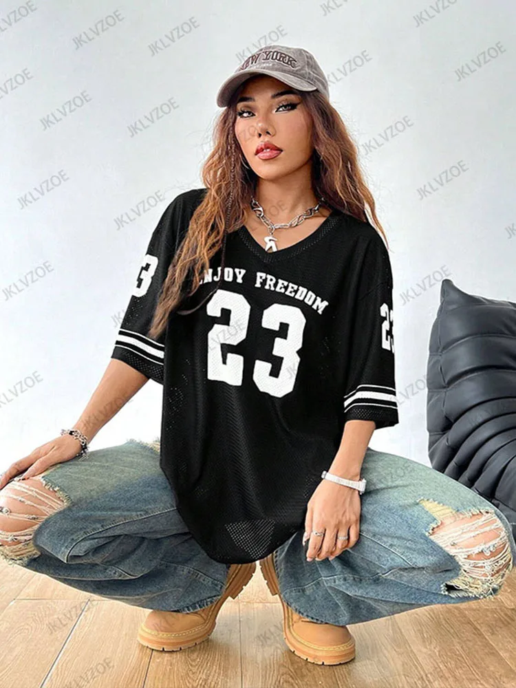 Summer New Black Enjoy Freedom 23 Print T-Shirt For Women V-Neck Short Sleeve Mesh Sports Football Jersey Y2K Oversized Tops