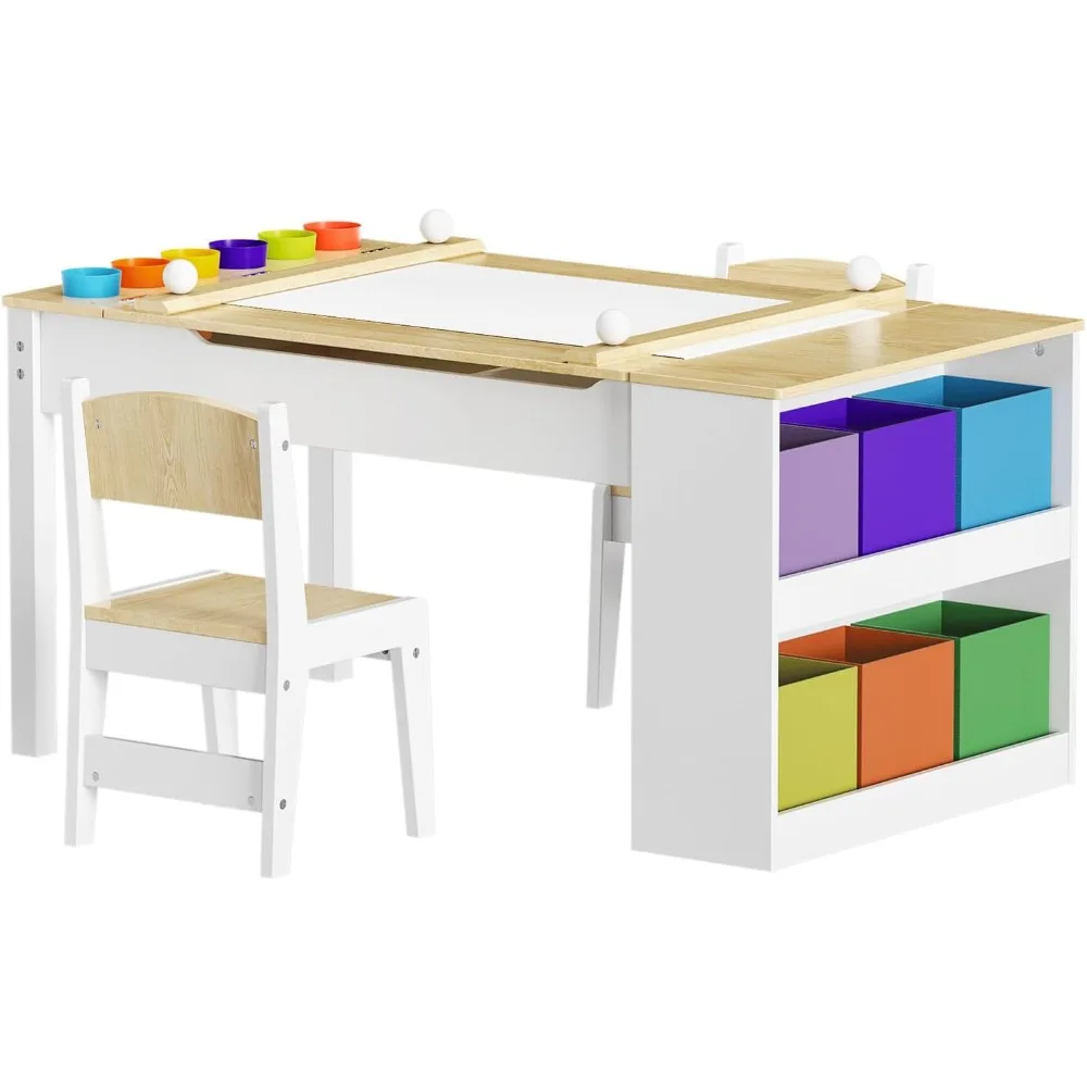 School Desks.Kids Art Table and Easel Chair Set with Large Storage Desk, Wooden Drawing Desk w/Paper Roll for Children Ages8-12