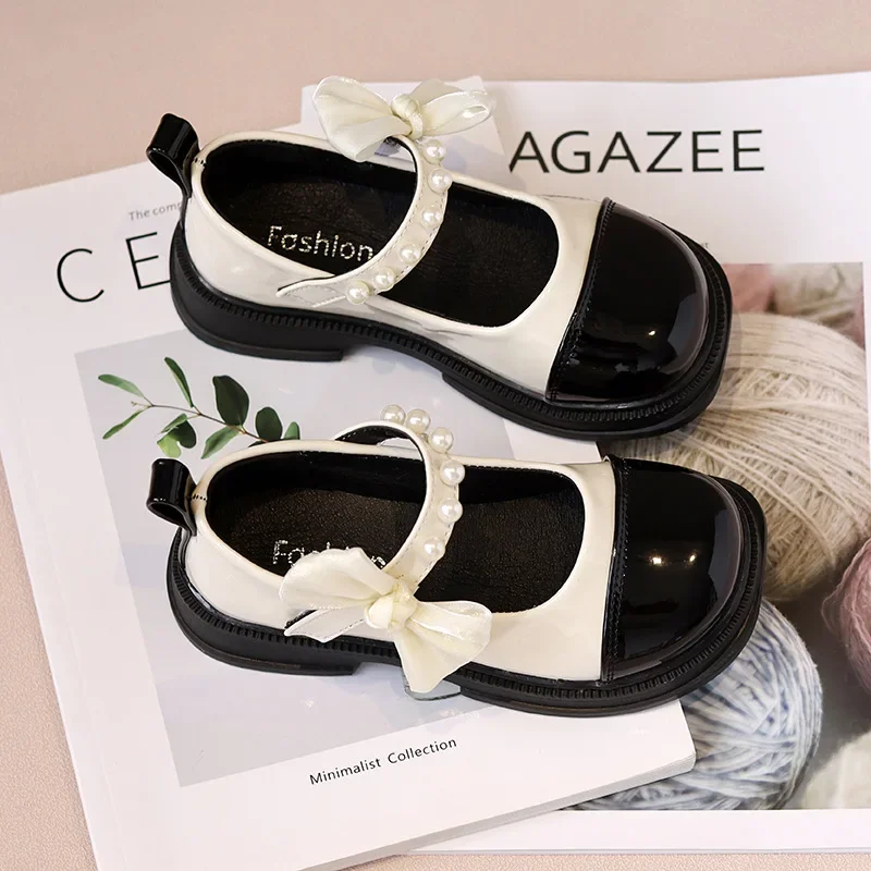 Spring Autumn Children's Flats Fashion Beaded Bow Princess Party Performance Shoes Girl Dress Leather Shoes Kid Mary Jane Shoes