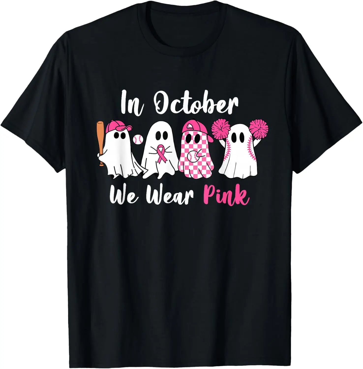 In October We Wear Pink Baseball Breast Cancer Ghost T-Shirt