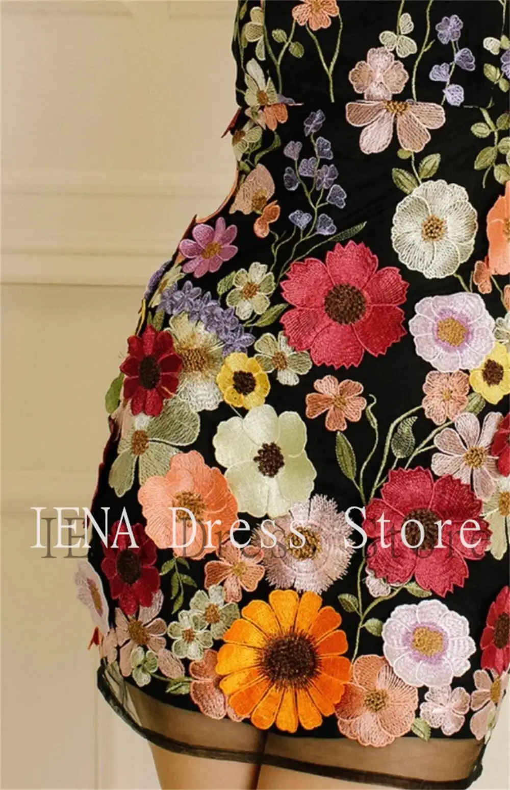 14672#IENA Black Mini Prom Bridal Gown Hand Embroidered Botanical Floral Dress Romantic Wedding Dress 3D Flowers Evening Dress