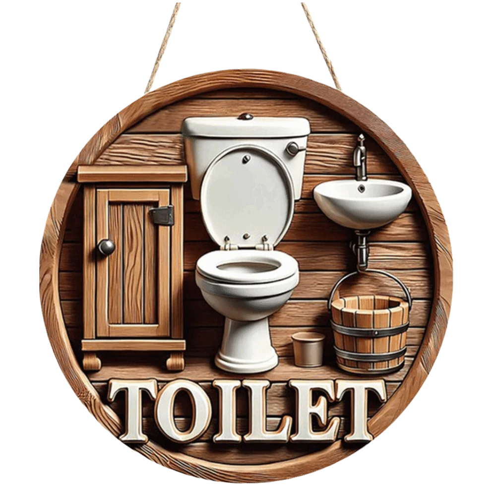 Home Decor Wooden Bathroom Sign Plate Ornament Retro Wall Art Sign Hanging 2D Flat Circle Decorative Plaque Dormitory