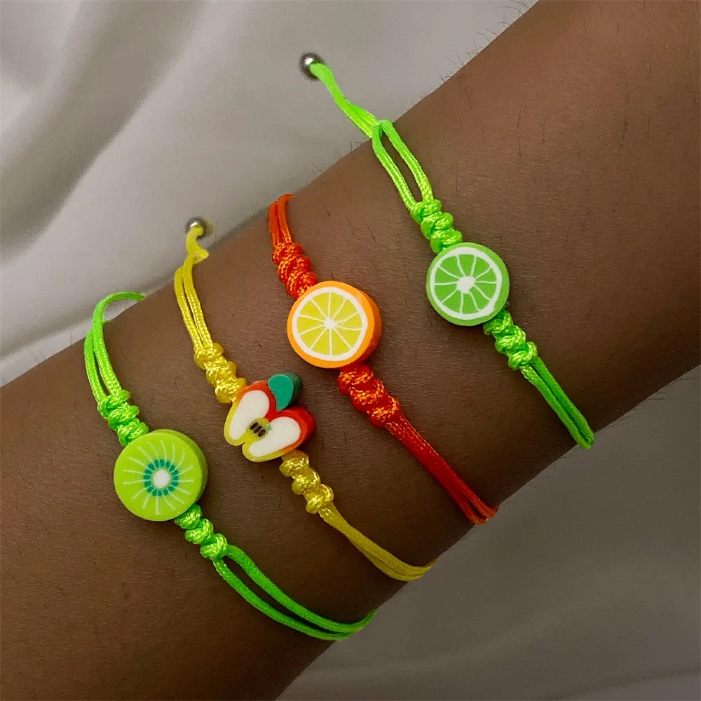 EN Fashion Handmade Fruit Apple Orange Pendant Bracelet For Women Charm Sweet Colorful Braided Bracelets & Bangle Jewelry