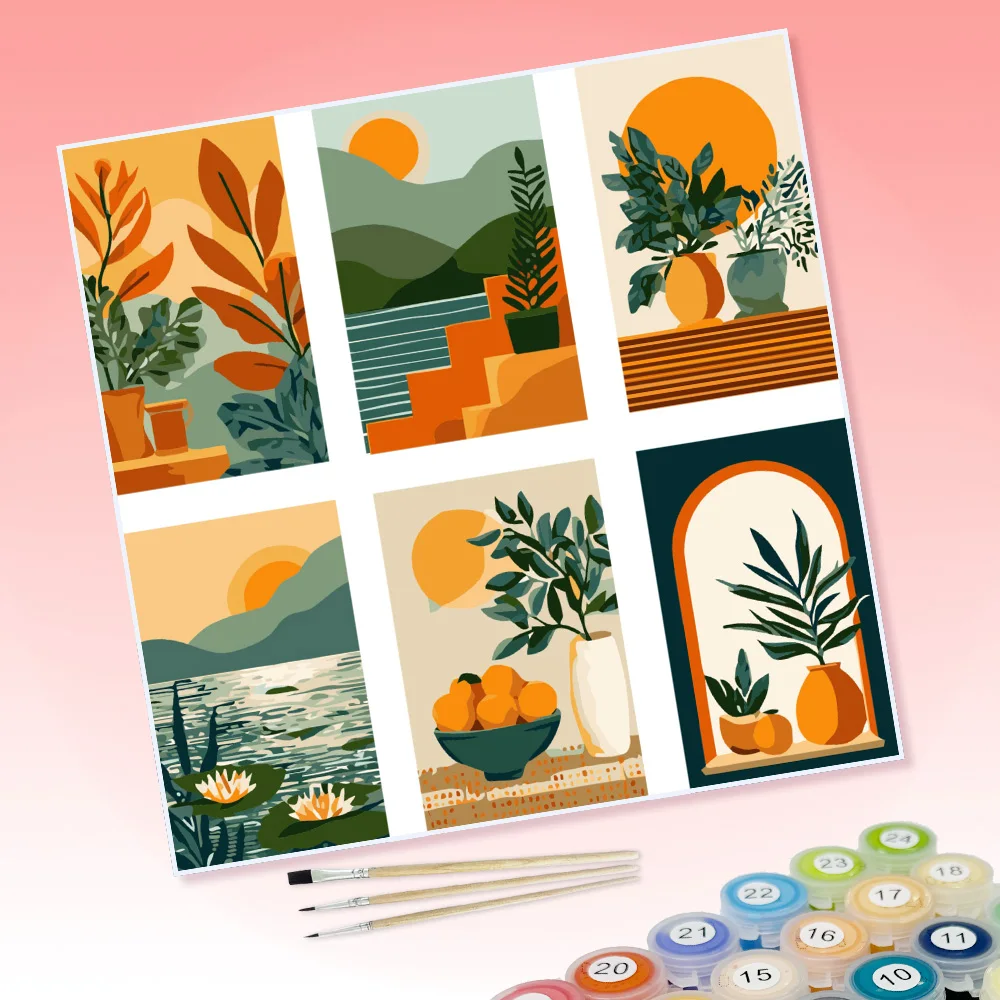 6 DIY-Malvorlagen mit Motiven wie orangefarbenen Vasen, Pflanzen, Sonnenuntergang und Lotusblumen. Perfekt zur Dekoration von Hauswänden. – Detail 1