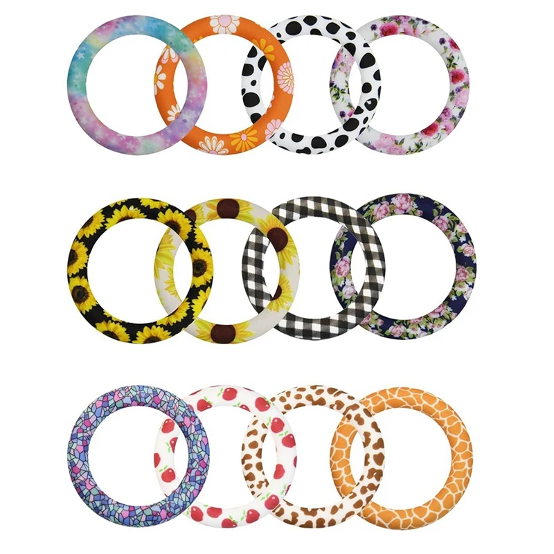 

12Pcs Silicone Beadable O Rings Bulk 65Mm Round Silicone Beads Loop With 2 Hole, Water Transfer Printed Silicone Pendant