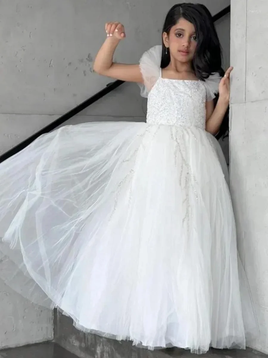 ホワイトフラワーガールドレス結婚式用スパンコールノースリーブ女の赤ちゃんの誕生日パーティードレス初聖体舞踏会ドレスカスタマイズ