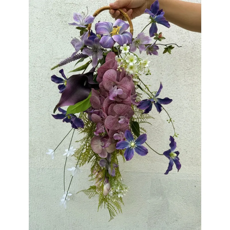 

Искусственный букет невесты для свадебной фотосессии, фиолетовый букет-водопад, букет для поцелуя, браслет-букет