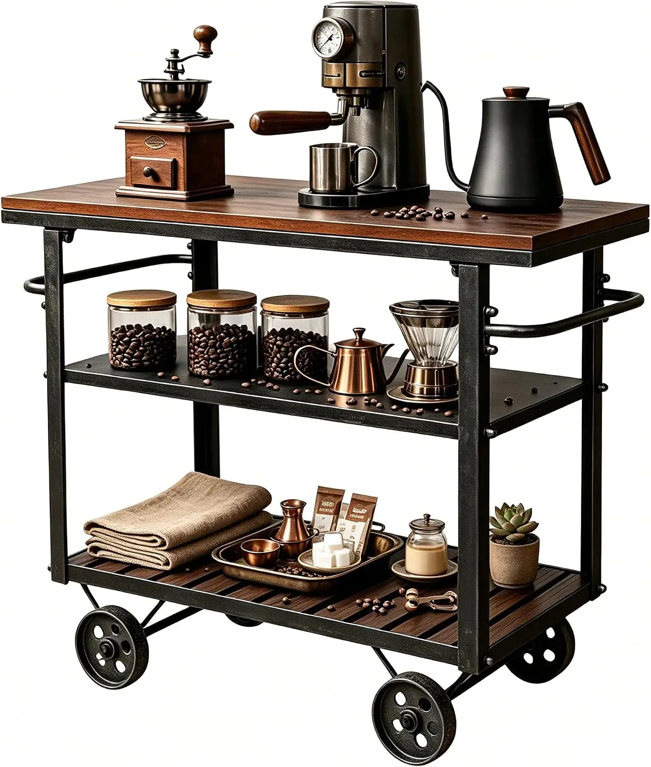 3-Tier Rolling Bar Cart with Handle Mobile Serving Beverage Cart on Wheels Kitchen Microwave Island Stand Coffee Station Cart with Metal Frame for Kitchen Dining Room Living Room Rustic Brown and Black