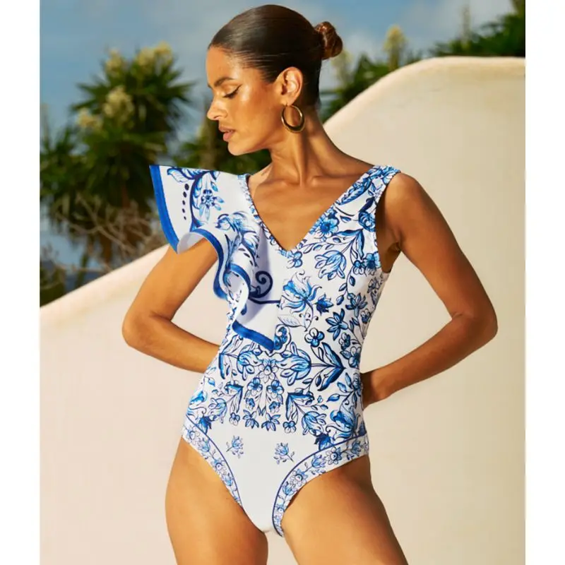 Ruffle V Neck Blue and White Porcelain Majolica Pattern Print One Piece Swimsuit and Skirt or Sarong