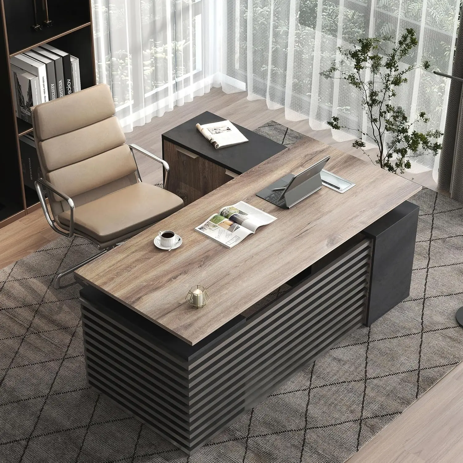 مكتب قائم تنفيذي على شكل حرف L قابل للتعديل مع مكتب أدراج مع منافذ شحن عالمية محطة عمل كبيرة للأعمال