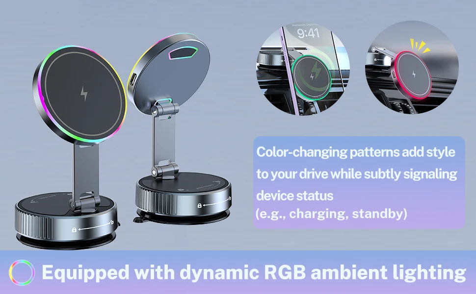 Kühlendes kabelloses Ladegerät, Autotelefonhalter mit atmender RGB-Licht, magnetische Saug-Handyhalterung für iPhone 12/13/14/15/16 – Detail 4