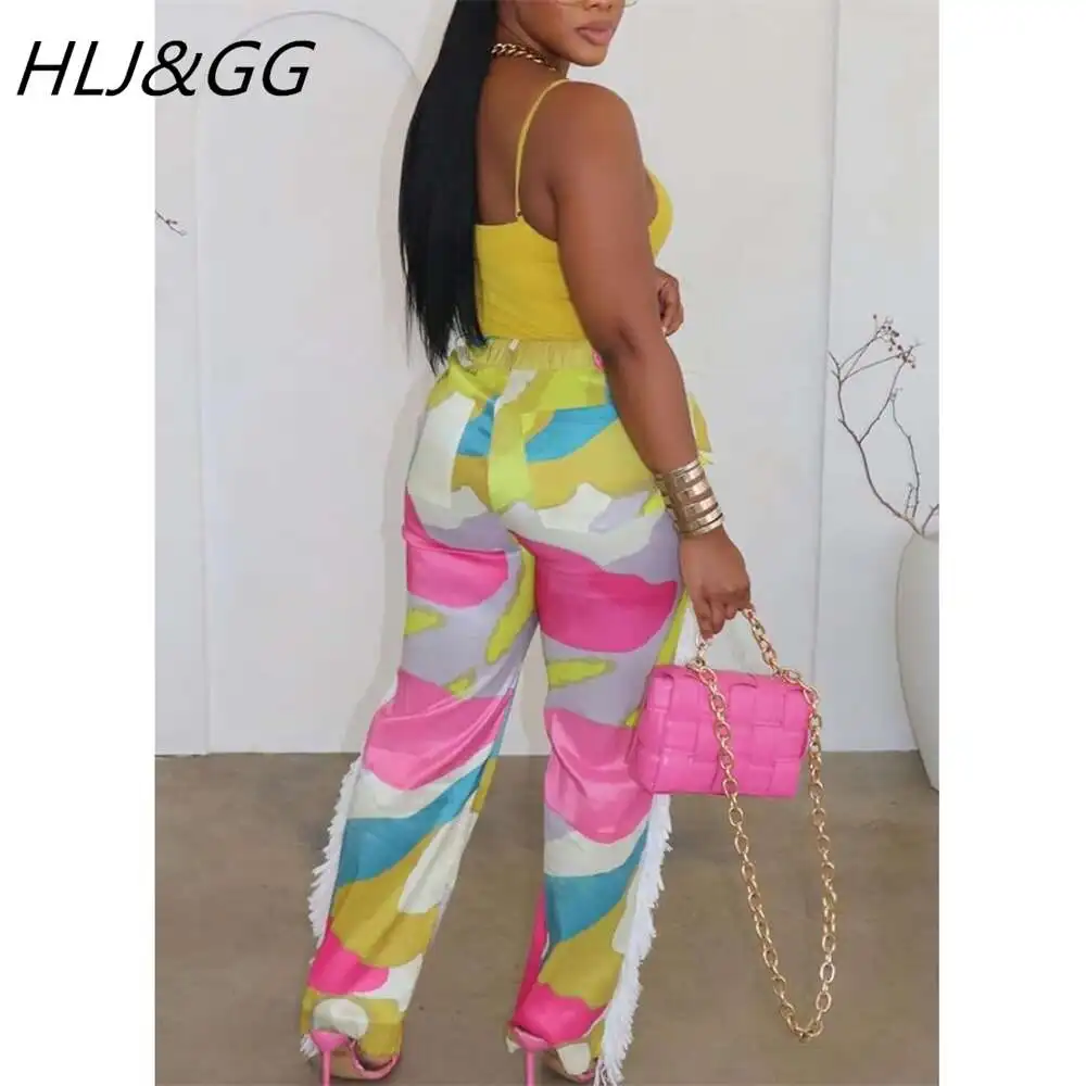 HLJ&GG Fashion Colorful Pattern Printing Tassels Loose Wide Leg Pants Women High Waisted Button Straight Trousers Casual Bottoms