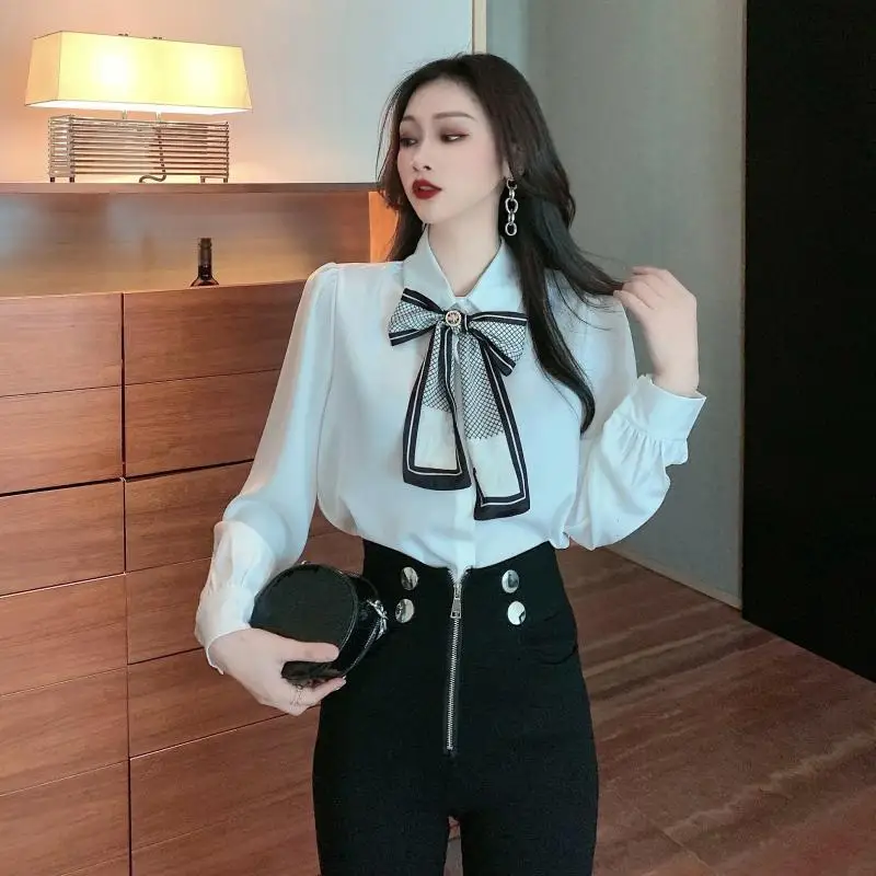 Temperament White Polo Neck Blouse Spring Autumn New Long Sleeve Solid Bow Lacing Office Shirt Tops Korean Fashion Women Clothes