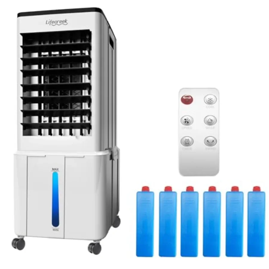 Portable Air Conditioner for bedroom office use, plastic body, white color, 3-in-1 evaporative cooling with 3.2 gal tank and 6