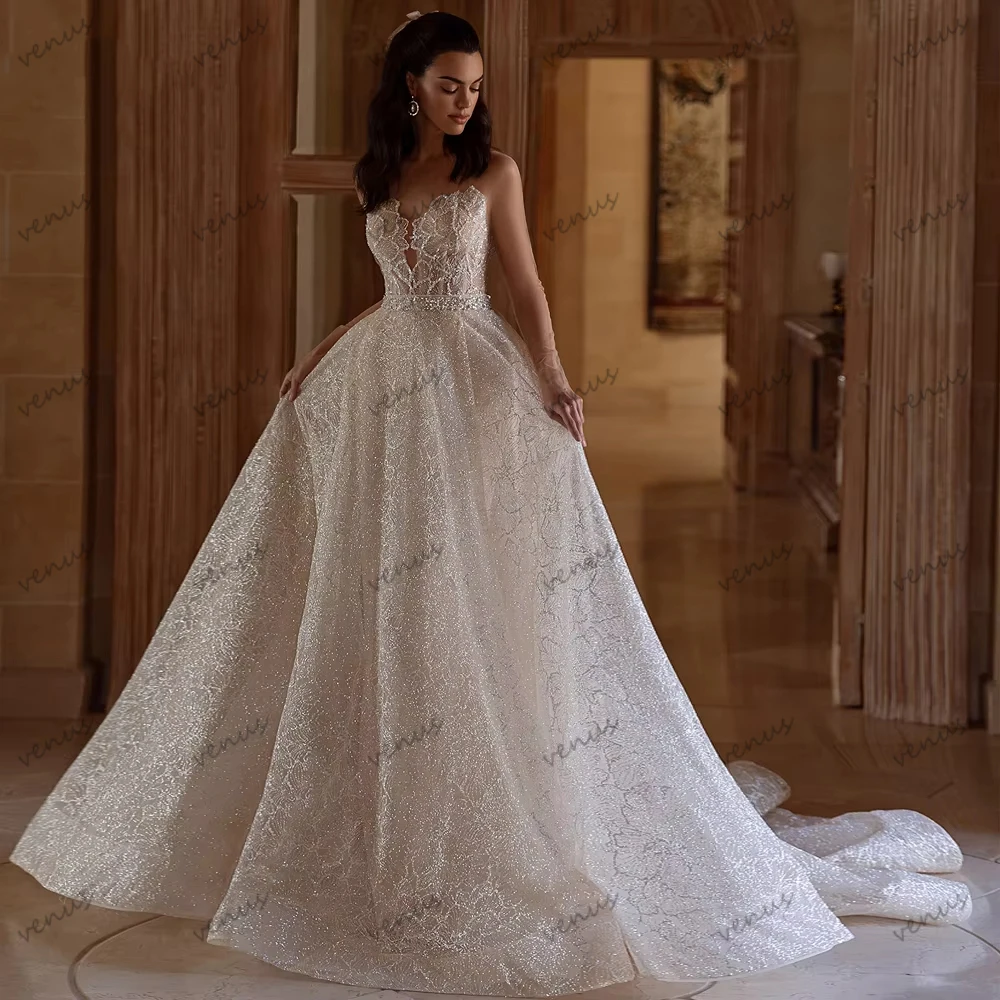 Glitter vestidos de casamento do vintage vestidos de noiva miçangas apliques sem mangas roupões para mulheres vestidos de novia de luxo personalizado