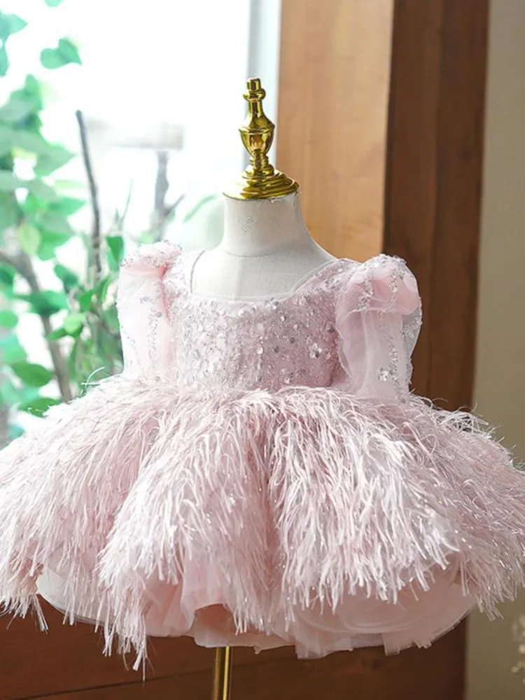 New Children\'s Princess Evening Gown Sequin Feather Stitching Design Wedding Birthday Baptism Eid Party Girls Pink Dresses A3331