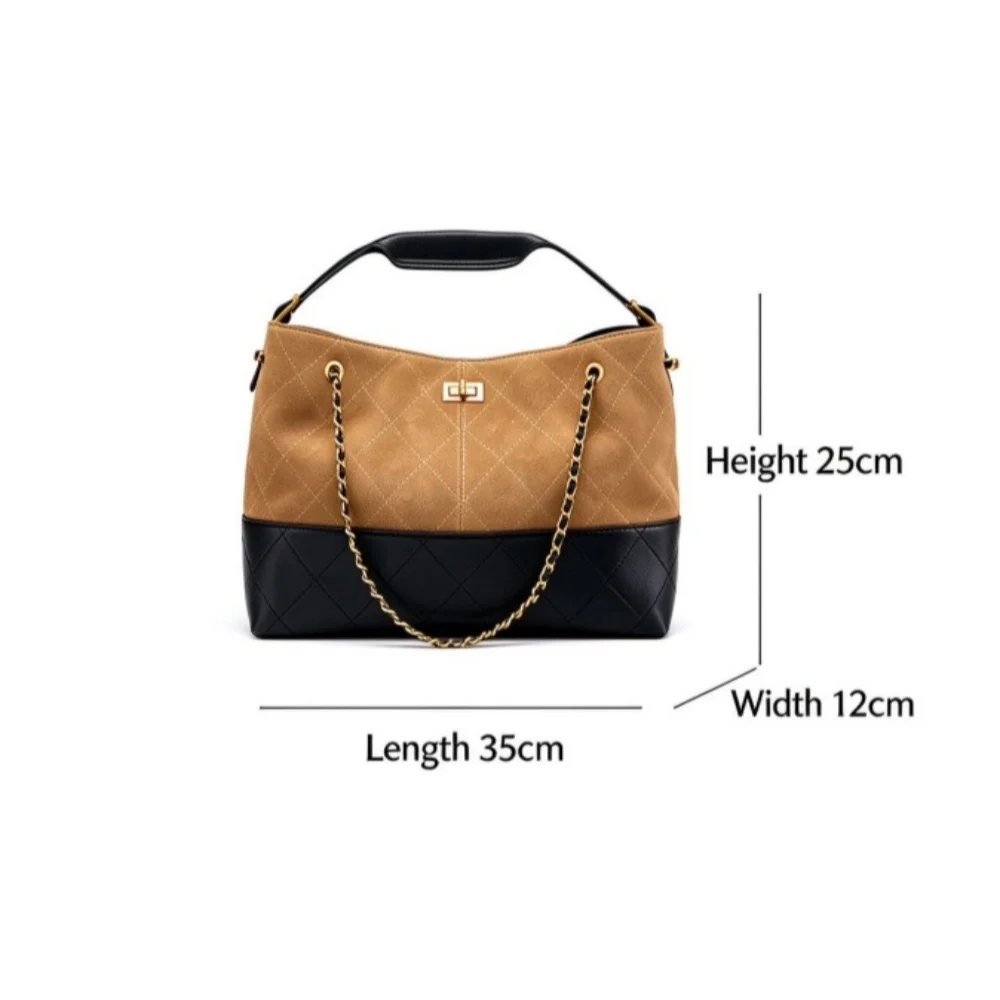 Women Genuine Leather Quilted Bucket Bag Luxury Suede Chain Shoulder Crossbody Handbag Large Capacity for Office Commute