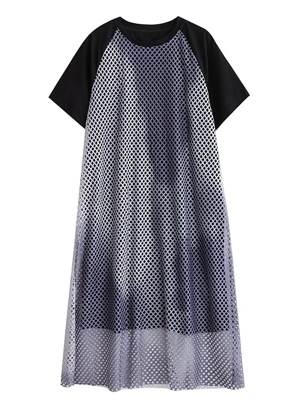 เสื้อถักไหมพรมทรงตรงสไตล์เกาหลี ลายมัดย้อมแบบโปร่ง ดีไซน์หลวม ยาว  แบบสองชิ้นปลอม  แฟชั่นฤดูร้อน