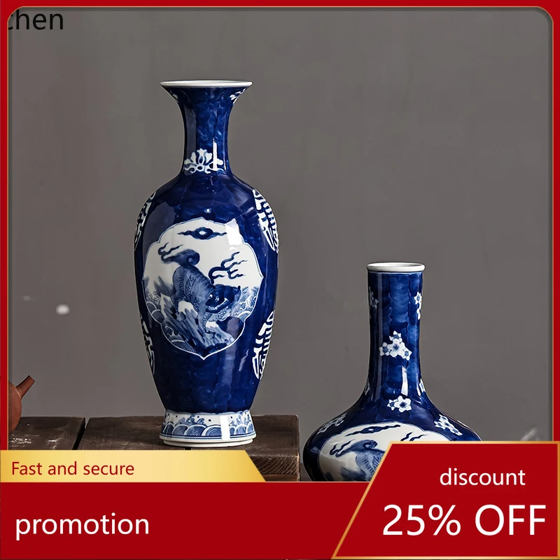 

HXL Antique-Style Pure Hand-Painted Blue and White Porcelain Flower and Bird Ceramic Vase Living Room Tea Room Decoration