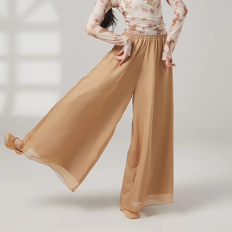 Pantaloni da danza classica Pantaloni a gamba larga da donna che scorre larghi doppi strati in chiffon Costumi di performance per pratica moderna Abbigliamento da fata