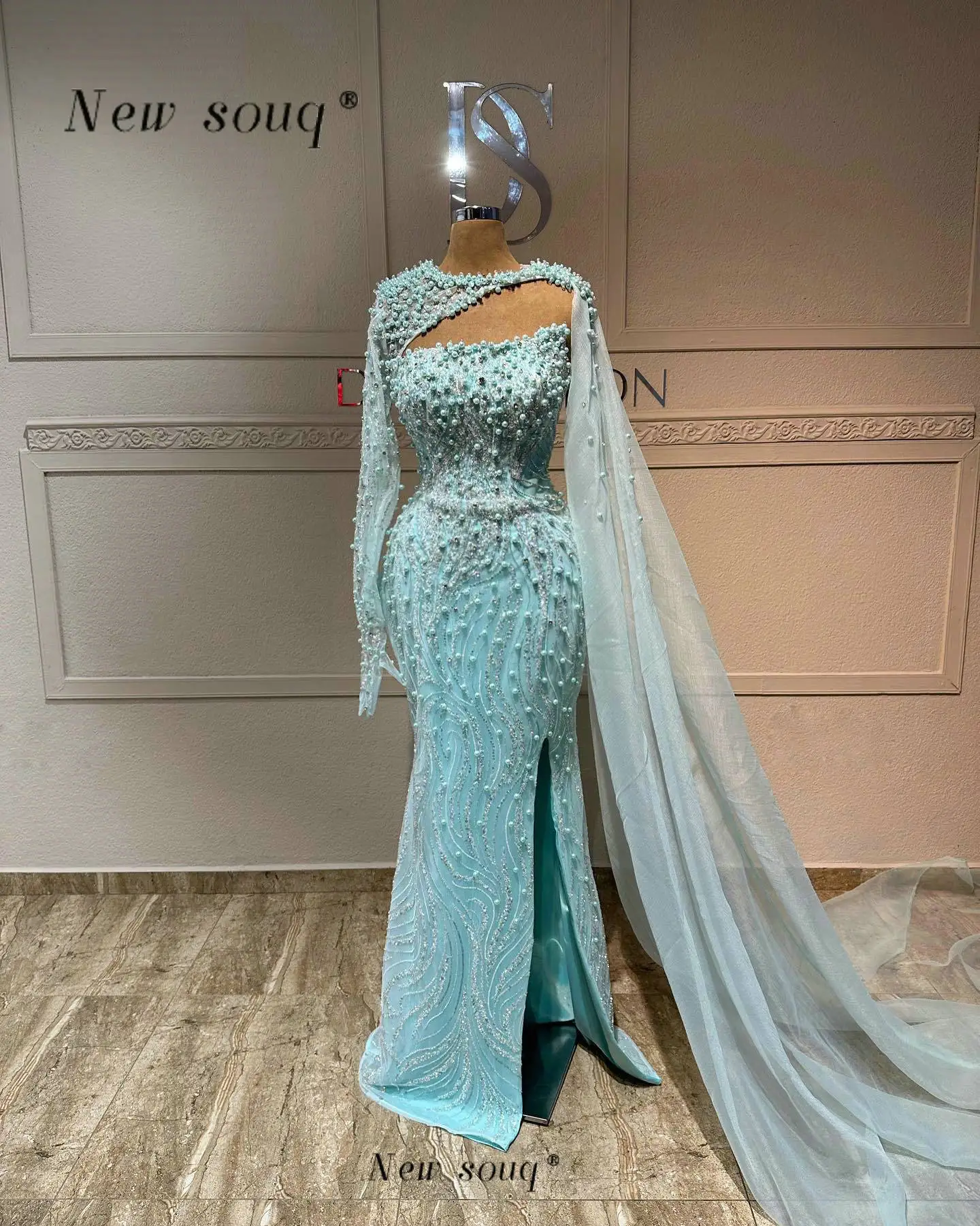 

Арабские синие вечерние платья русалки с боковой накидкой, расшитые бисером жемчугом, элегантные вечерние платья для женщин, свадебная вечеринка 2024