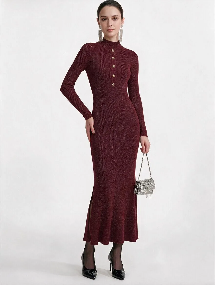 Women High Quality Spring Autumn Knitted Dress Semi High Neck Button Hollow Bright Silk Slim Elongated Cutout Dress