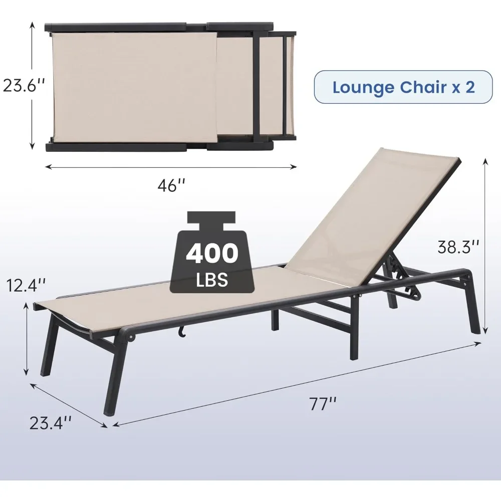 مجموعة كراسي استرخاء خارجية قابلة للطي من الألومنيوم مكونة من قطعتين، لا حاجة للتجميع، مسند ظهر قابل للتعديل بـ 5 أوضاع، خفيف الوزن ومحمول #3