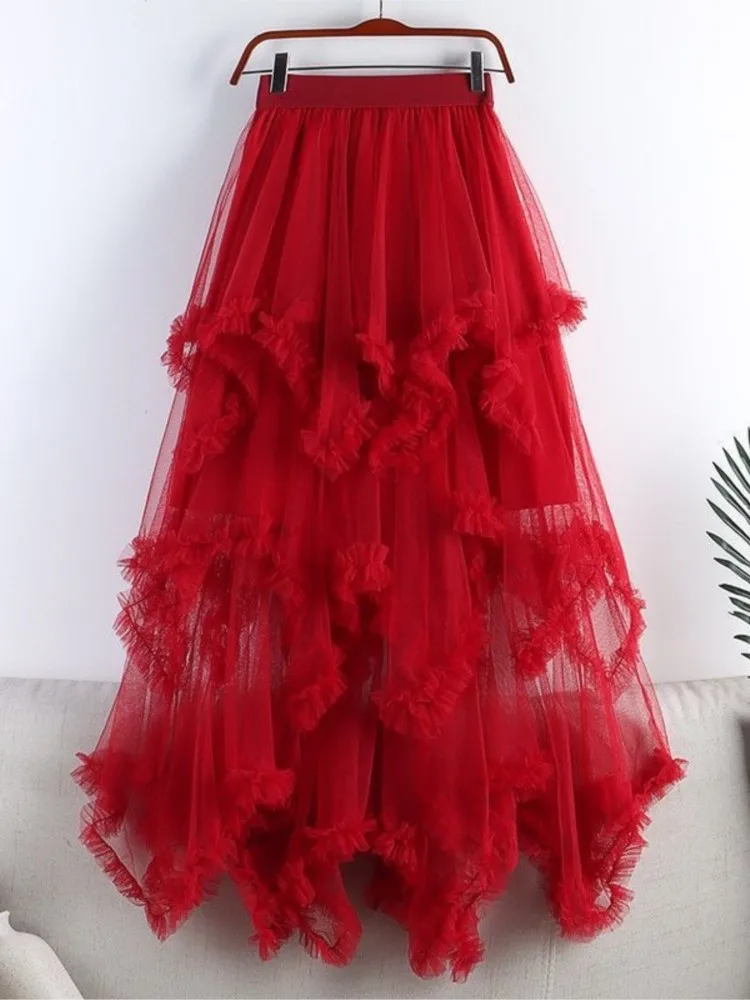 New Fashion Mesh Fungus Gonna di pizzo Donna Estate Elastico in vita Ombrello a due piani Gonne a trapezio Gonne femminili Swingy Ball Gown