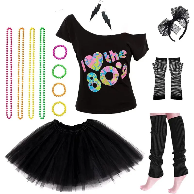 Women's 80s Costumes with Accessories Set Tutu Skirt Earrings Necklace Bracelets Fishnet Gloves Legwarmers Headband 80s Party view 3
