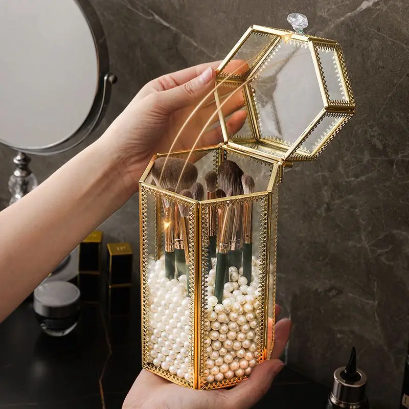 1pc, Makeup brush glass storage rack, Desktop dressing table decoration, Glass handicrafts, Jewelry tube, Storage container