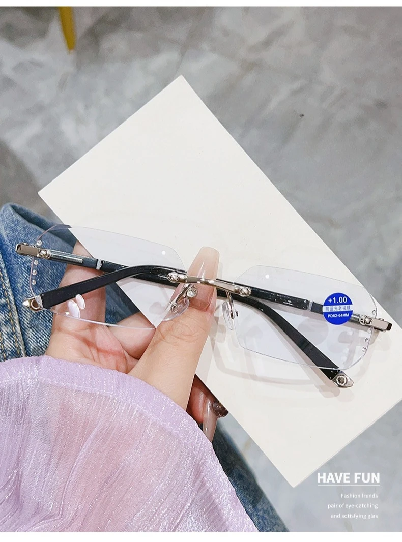 Modische rahmenlose Lesebrille mit Schnittkante, photochrome Anti-Blaulicht-Brille, modische Brille für Herren und Damen – Detail 4