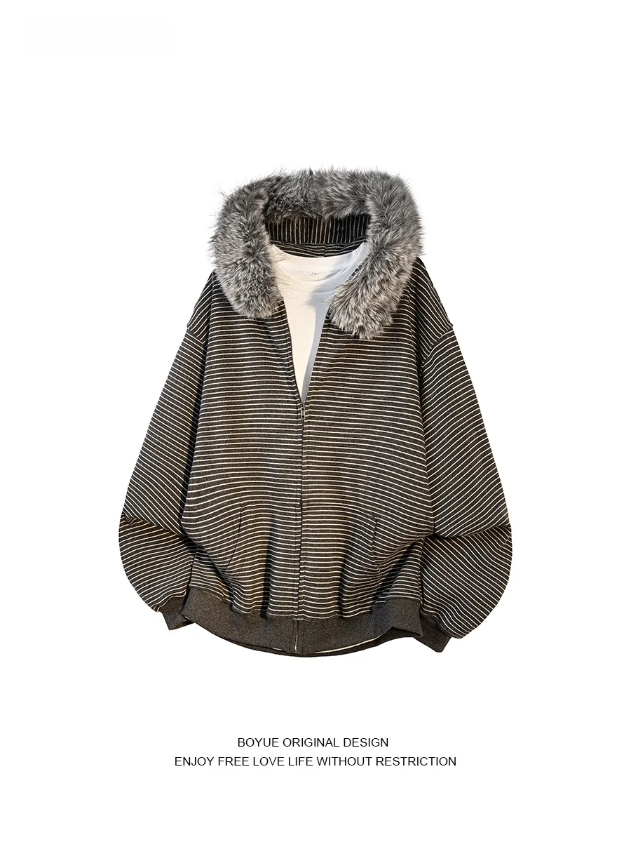 

Boyue Гонконг Sle Толстовка с капюшоном Пара Ретро High Street Свободные ощущения Мужчины Женщины Jaet Меховой воротник Полосатый дизайн