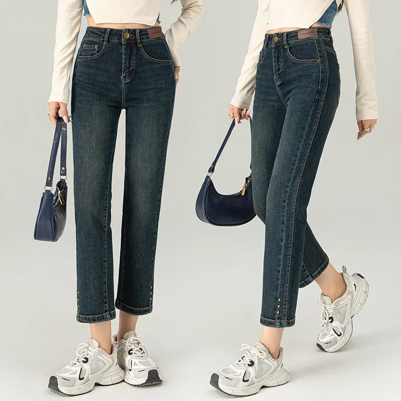 جينز أسود بقصة ضيقة للنساء، سروال قصير جديد للتخسيس عالي الخصر للخريف، بنطلون متعدد الاستخدامات