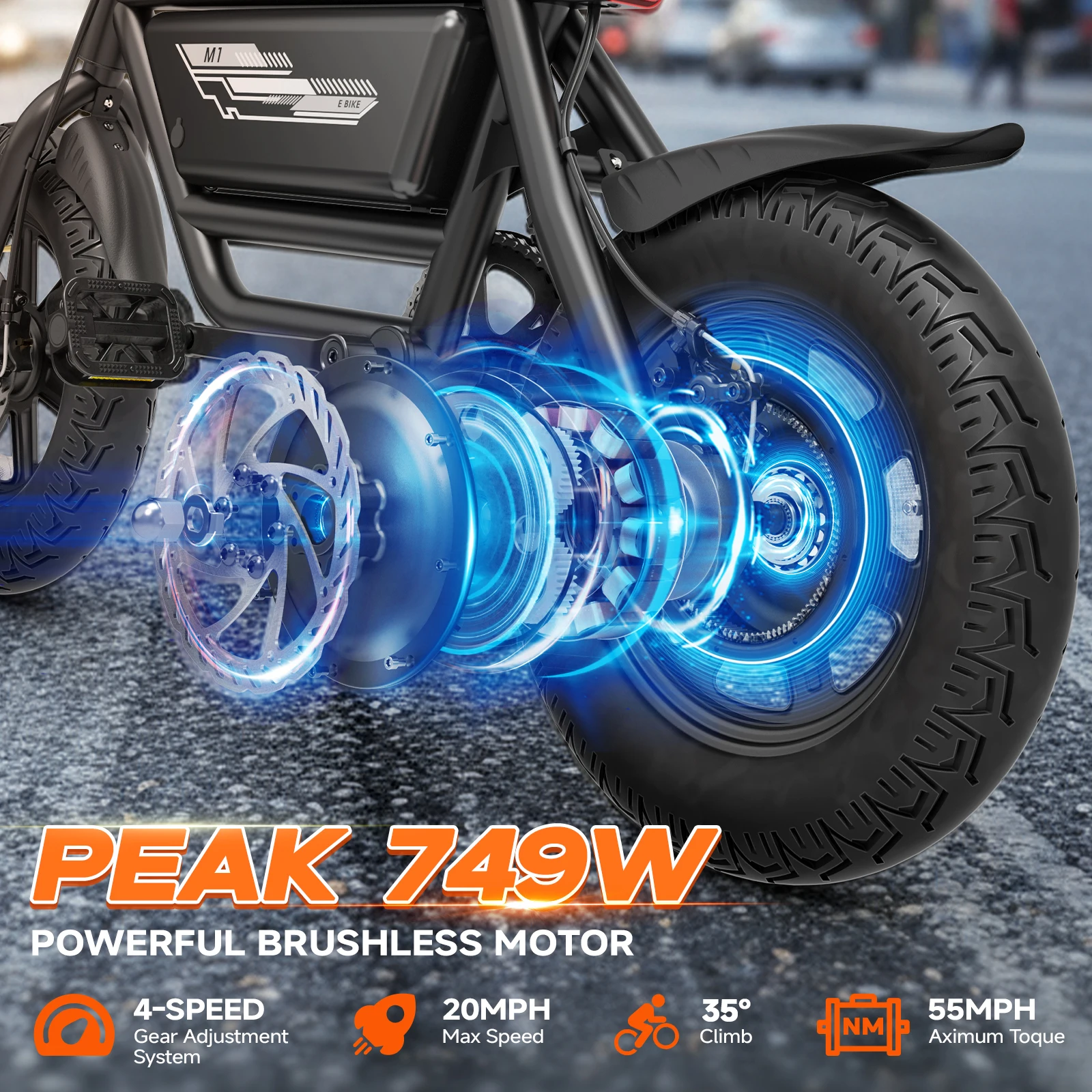 

749W Peak adult electric bicycle, 14 * 3inch wide tire ebike with 4 speed gears adjustable, suitable for beach, city, mountain