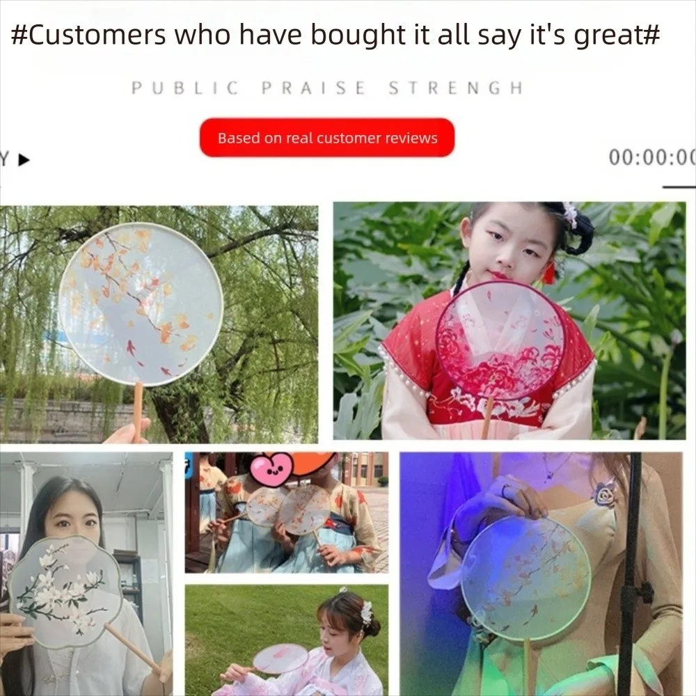 Silk Material Chinese Round Hand Fan Long Handle Ink Painting Ancient Tassel Dance Fan Round Shape Embroidery Design
