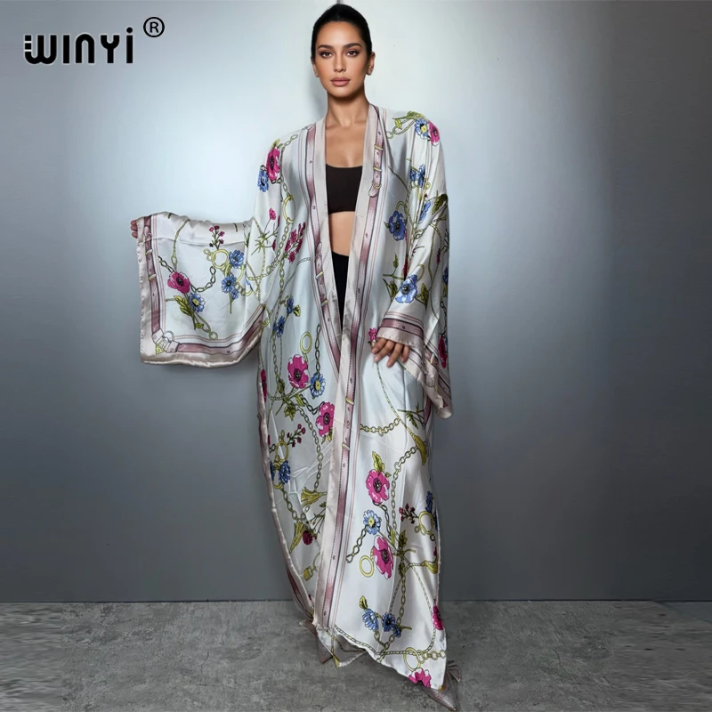 WINYI estampado boho kimono maxi ropa de playa cubrir vestido de fiesta de vacaciones abaya dubai lujo mujer musulmana moda caftán frontal abierto