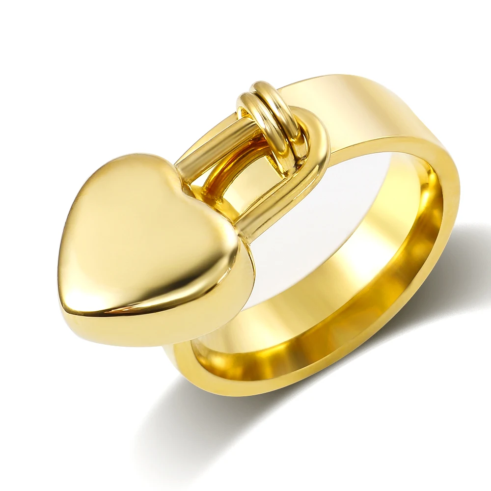 Trendy Stainless Steel Gold Color Love Heart Lock Pendant Ring for Women Lover Wedding Finger Ring Jewelry