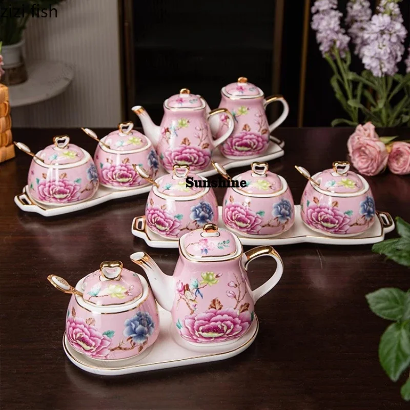 Flower Ceramic Seasoning Jar Set Salt Shaker Oil Pot Vinegar Pot Kitchen Spice Jar Seasoning Bottle Spice Box Storage JarsY
