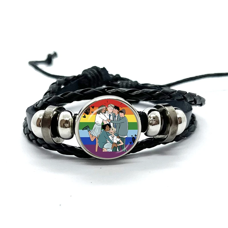 Movie Heartstopper Bracelet for Men Couple Gay Pride Rainbow Glass Button Charm Woven Leather Bracelets Bangle Fans Gifts