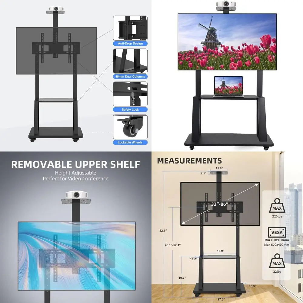 

Усиленная мобильная тележка для телевизоров с диагональю 32-86 дюймов (плоские/изогнутые экраны), портативная подставка с большим основанием, максимальное VESA 600x400, поддерживает до 2 телевизоров.