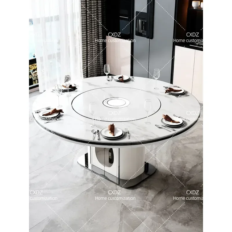 Modern Simple Retractable Round Dining Table with Induction Cooker and Warmer Multifunctional Rock Slab Table for Home