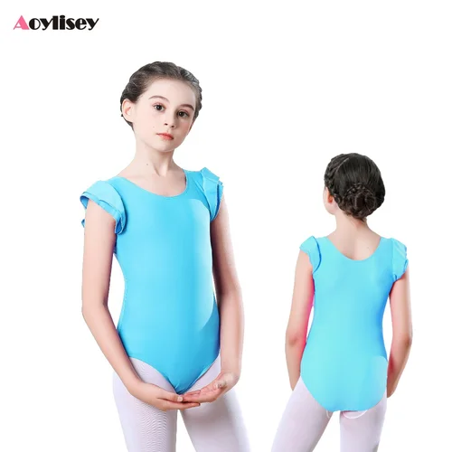 Leotardos de baile de Ballet con mangas con volantes para niñas pequeñas, monos de gimnasia, pelele, trajes para el vientre, disfraz de escenario de 3 a 12 años