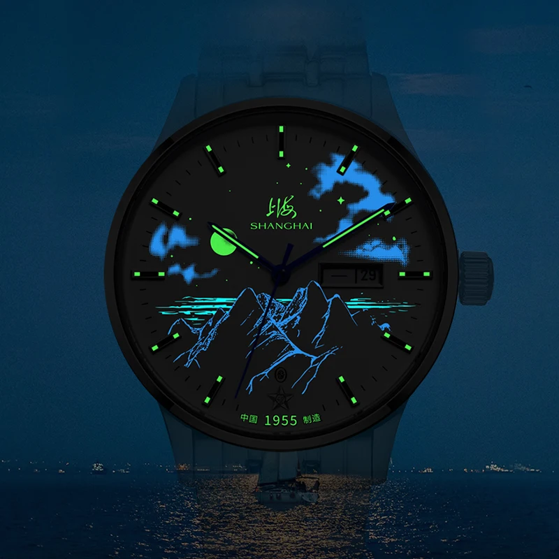 SHANGHAI Watch Men's Automatic Mechanical Watches 3-Color Luminous Fashion Wristwatch Day-Date 316L Stainless Steel Clock SH001