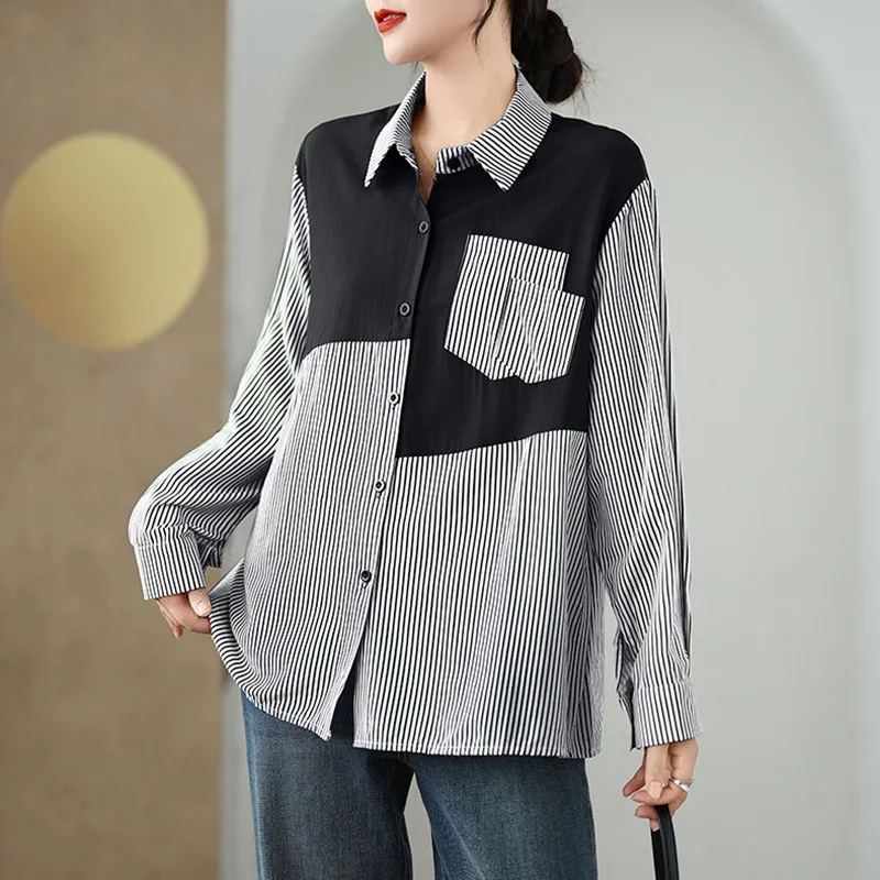 Frauen Langarm Casual Shirt Neue Ankunft 2024 Herbst Einfache Stil Patchwork Gestreiften Lose Weibliche Grundlagen Tops Shirts B3950