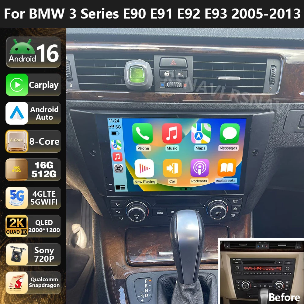 Radio Multimedia para Auto con Qualcomm Android 16 para BMW Serie 3 E90 E91 E92 E93 2004-2011, Pantalla QLED 2K, GPS, Estéreo, CarPlay, Auto Dsp